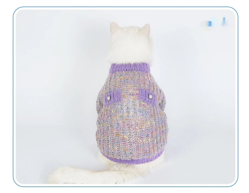 Purple dog cardigan sweater on pet model showing casual polyester construction