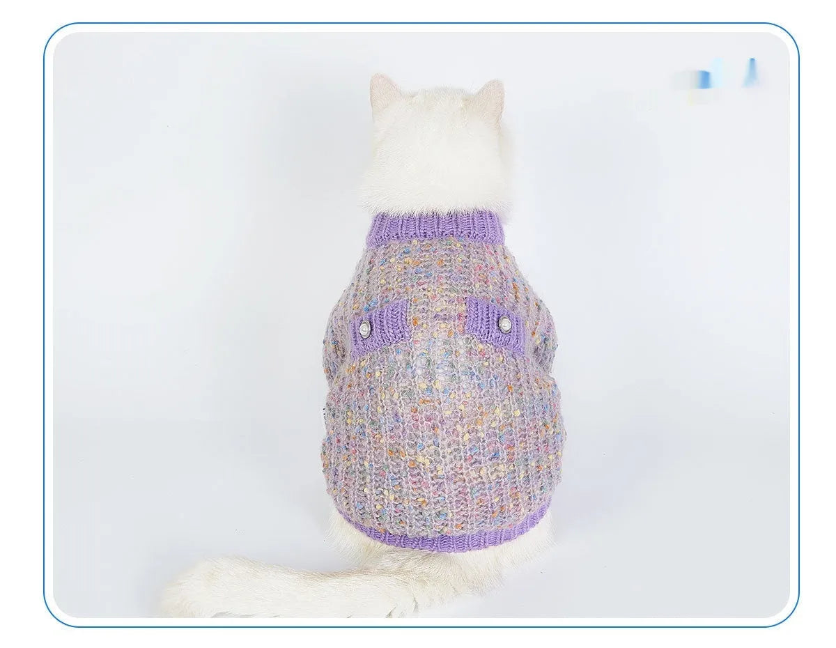 Purple dog cardigan sweater on pet model showing casual polyester construction