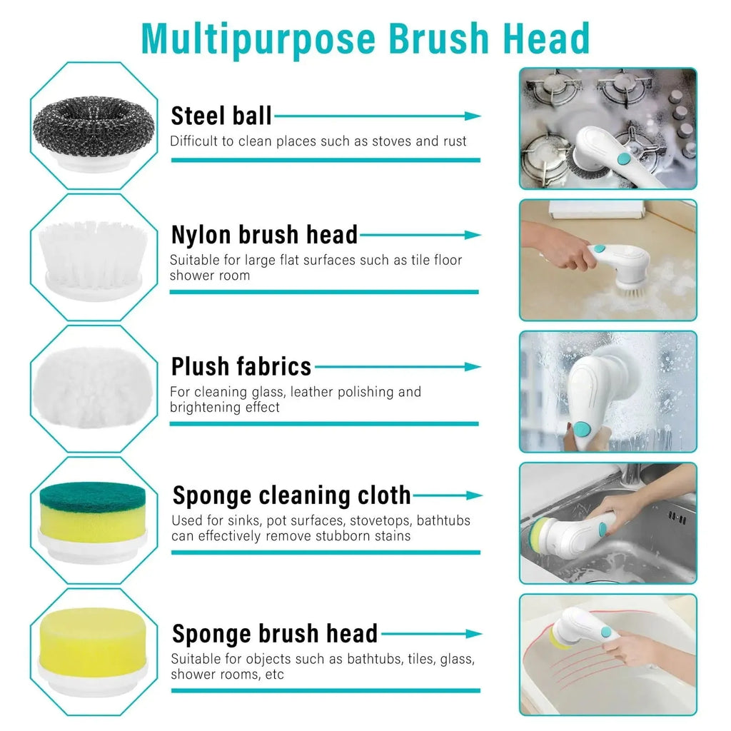 White cordless electric scrubber with five brush heads for household cleaning