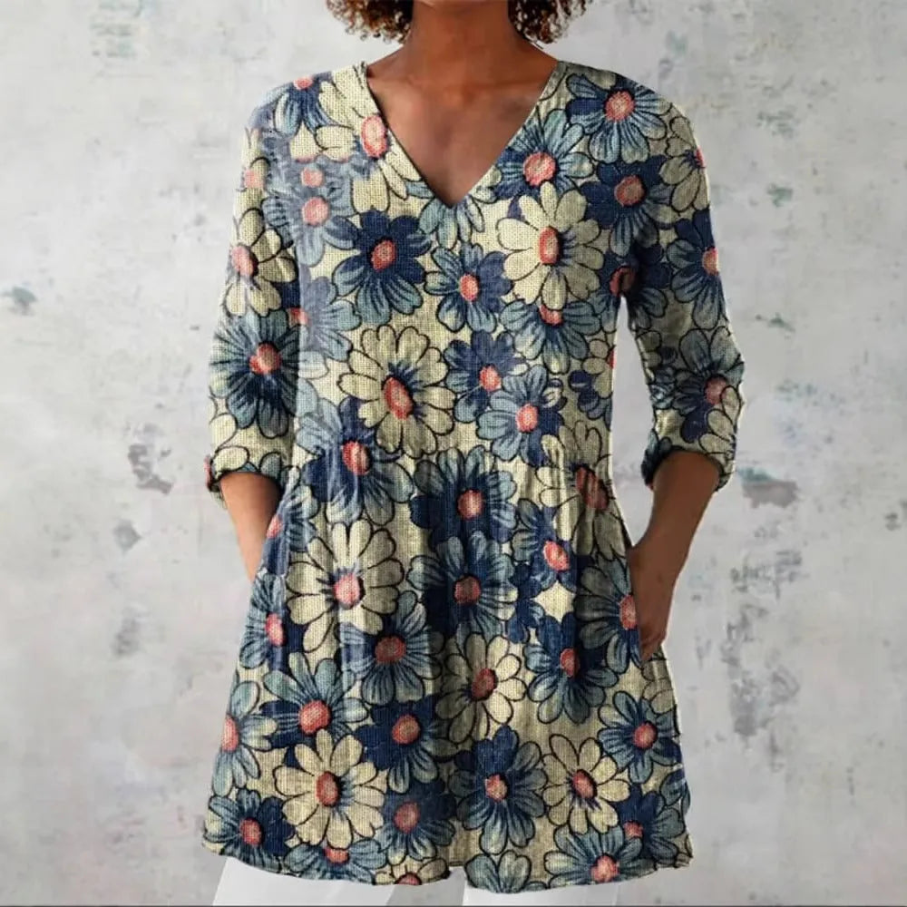 Women's slim-fit retro printed long-sleeved top in a solid colour on a hanger.
