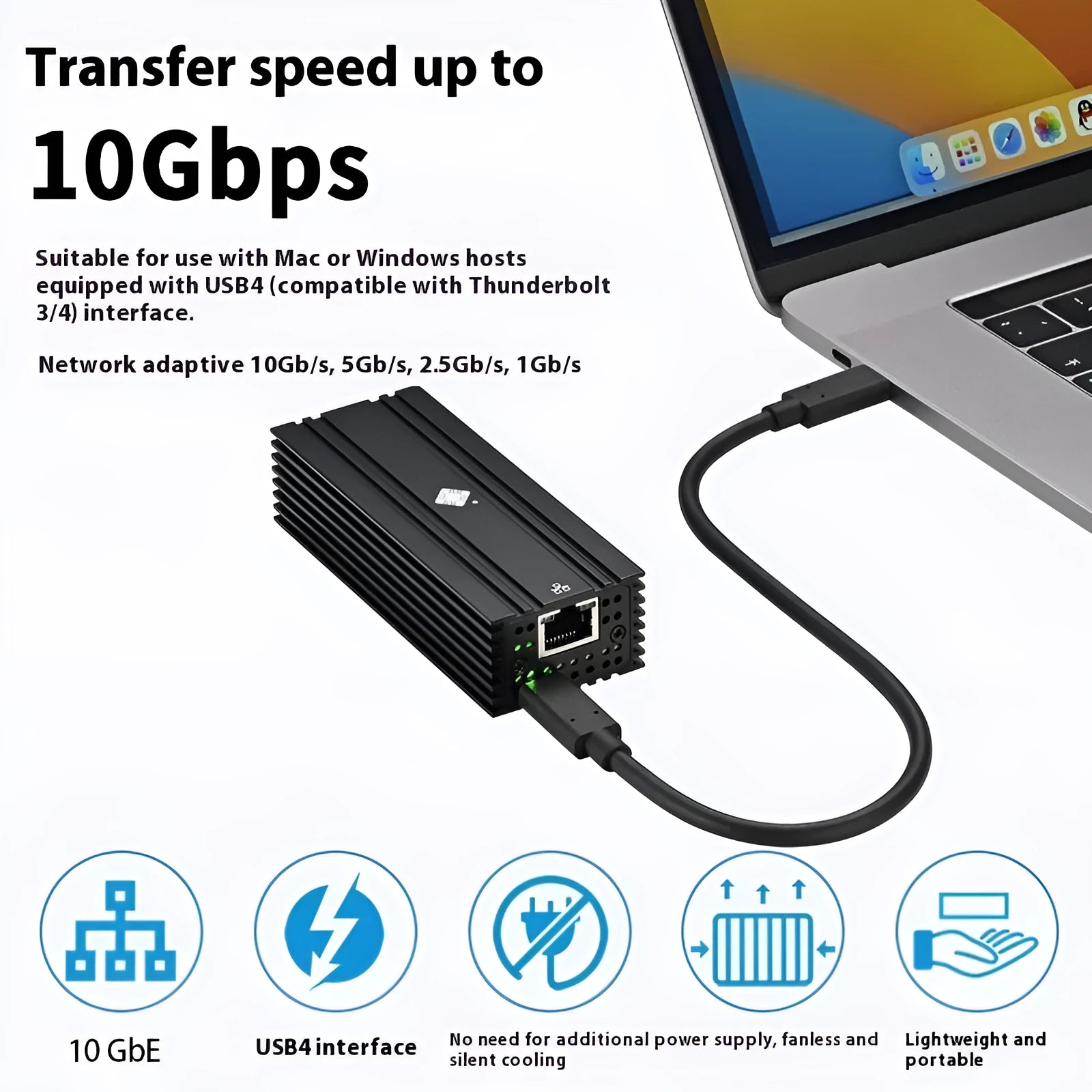 Black Leyu USB4 to 10 Gigabit Ethernet network adapter with attached cable
