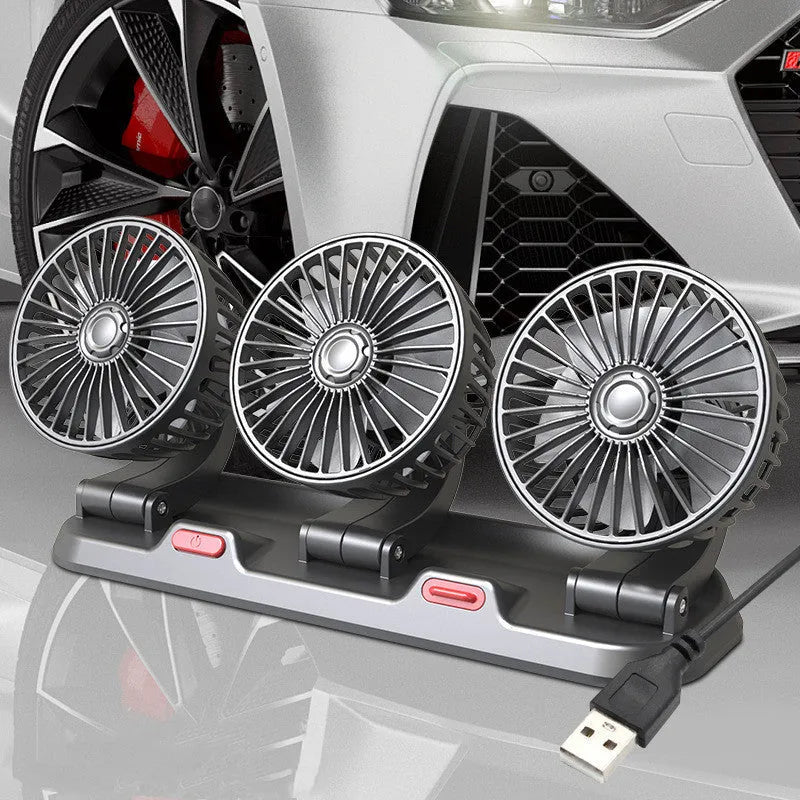 Three-head 12V automotive cooling fan with adjustable heads and cigarette lighter connector