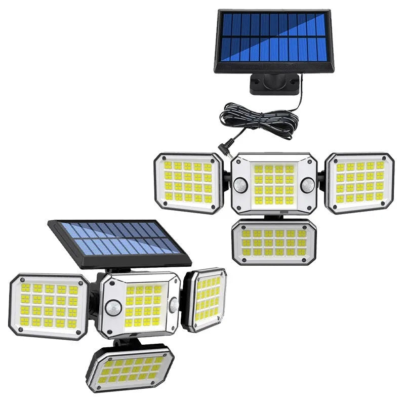 A solar-powered outdoor wall lamp with a motion sensor and a wide-angle LED light panel.
