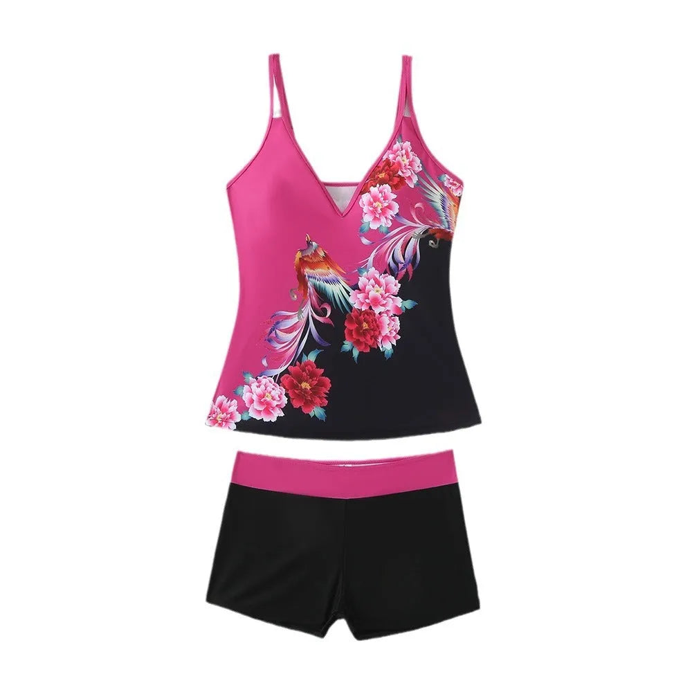 Plus size women's printed swim briefs in black or rose red with a cotton lining.