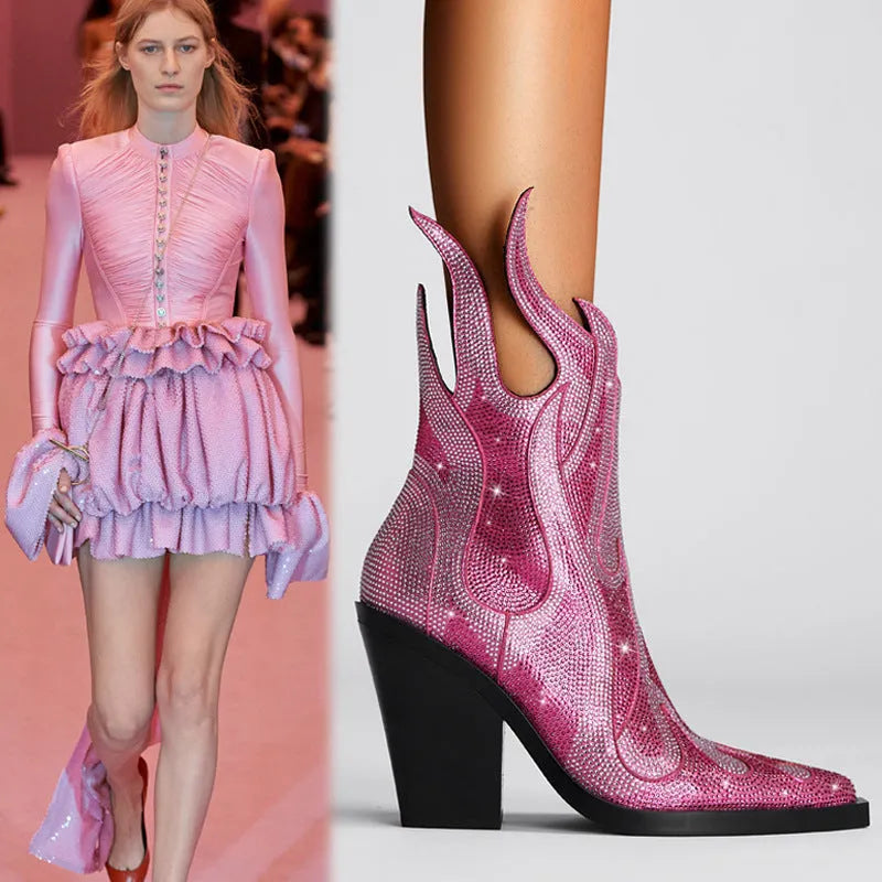 Women's square toe Martin boots with chunky heel, rhinestone flame design, and side zipper in multiple colours