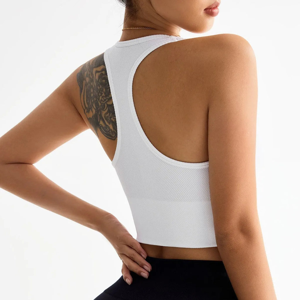 Black sports bra with cross-back design and full cup coverage