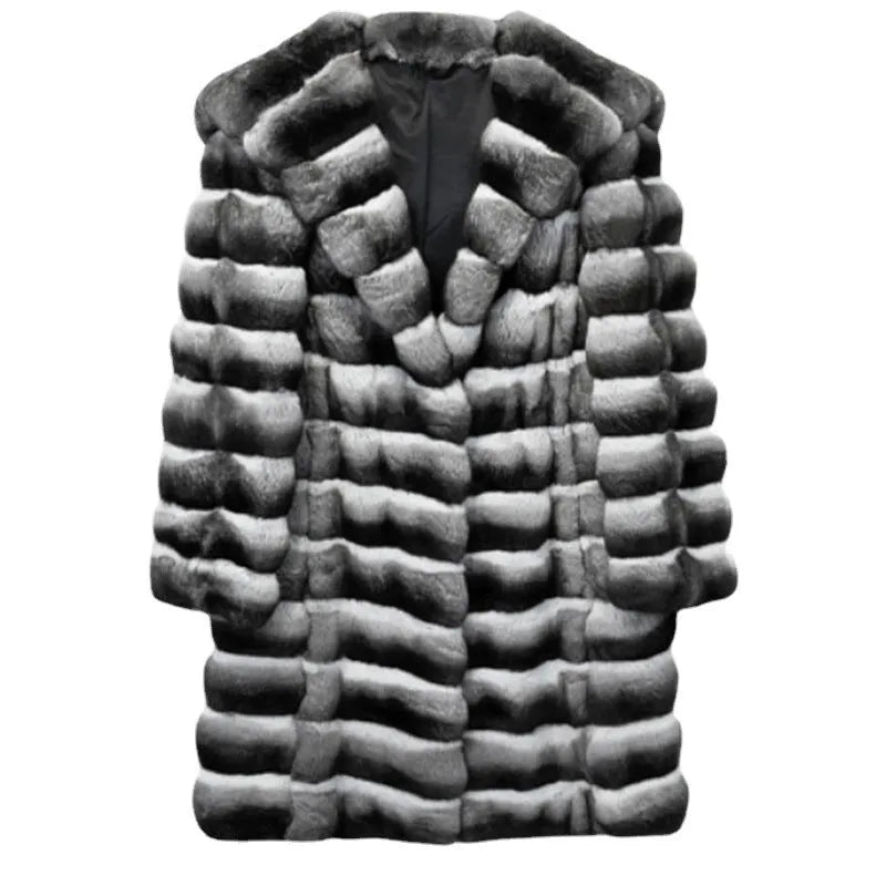 Women's zebra stripe faux fur overcoat with a 65cm medium length on a hanger