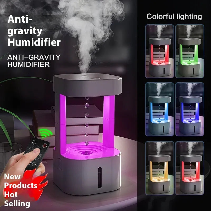 White anti-gravity water droplet USB humidifier with coloured lights on a desk
