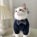 Navy blue casual pet sweater for dogs and cats, size XS to XL, shown on a pet providing warmth