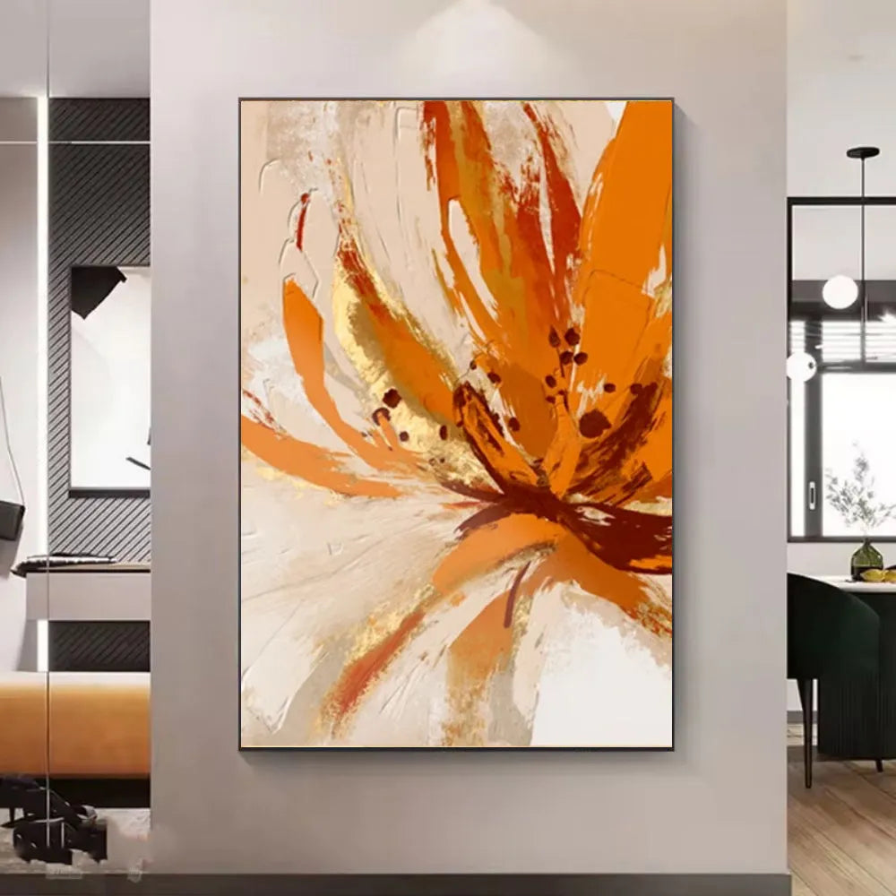 Handmade orange flower oil painting on canvas, modern abstract vertical wall art, frameless and unstretched