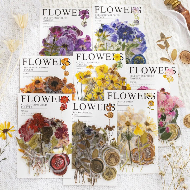Creative dried flowers journal decoration sticker set with 8 art styles on 40 PET sheets, each measuring 70mm.