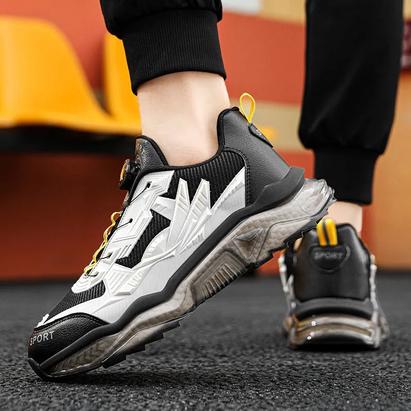 Men's black rotating button casual dad shoes with mesh upper and platform sole
