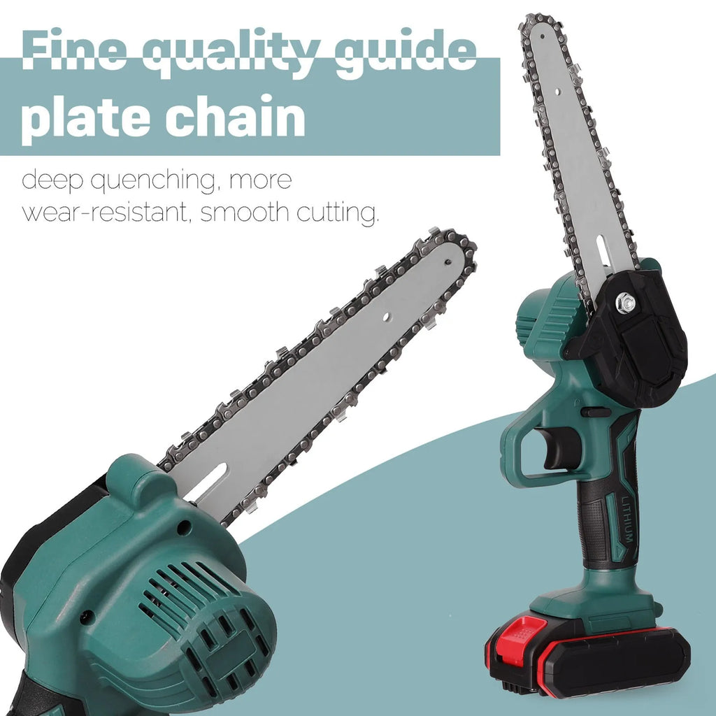 Small black electric chainsaw with lithium battery and 4-inch cutting bar