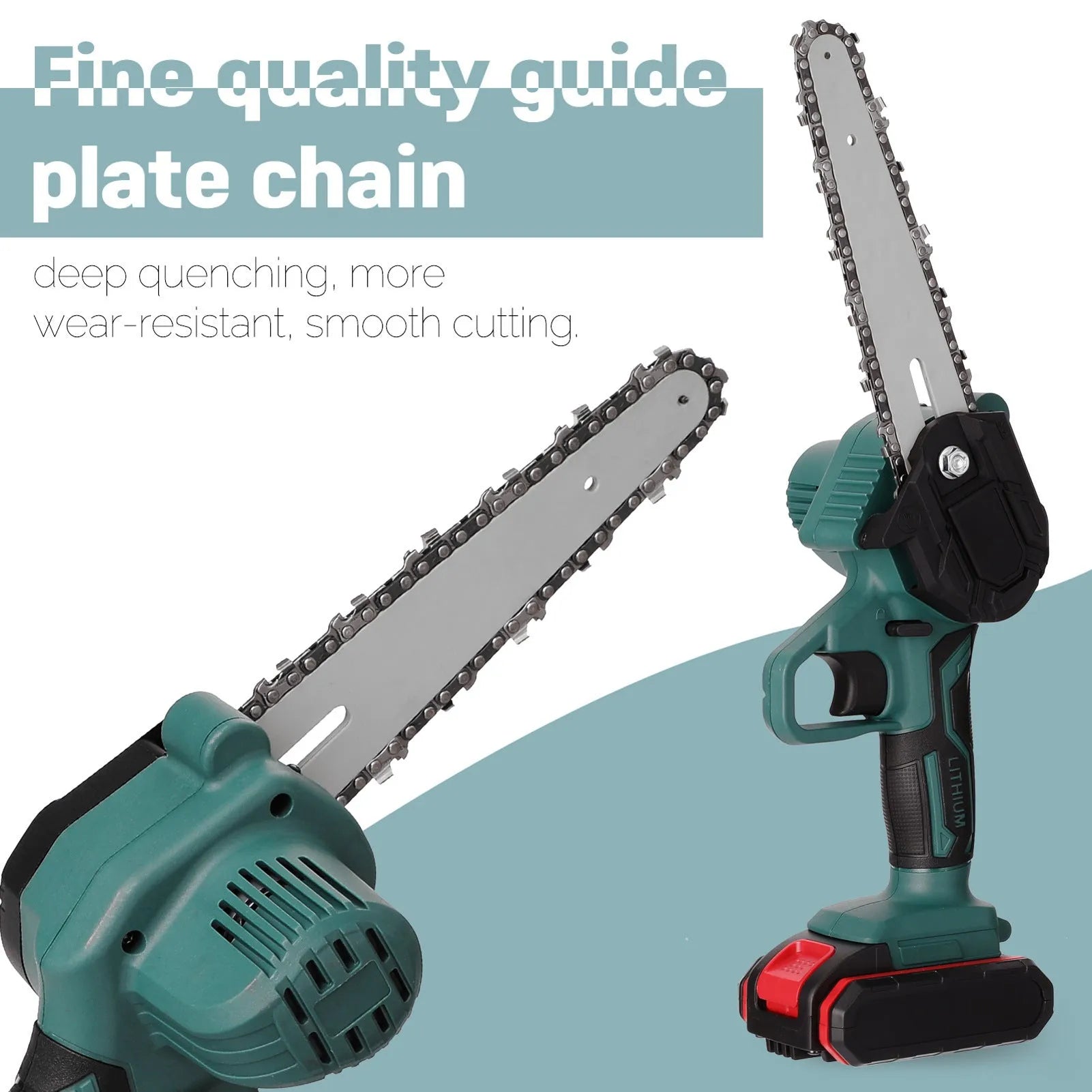 Small black electric chainsaw with lithium battery and 4-inch cutting bar