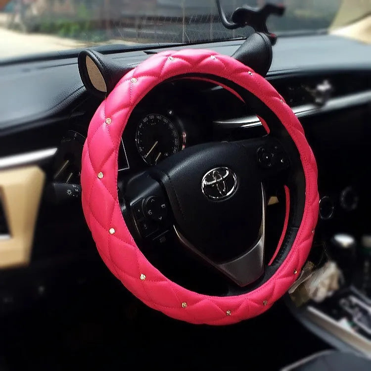 PU leather steering wheel cover with rhinestone Super Cute ear design in black rose red