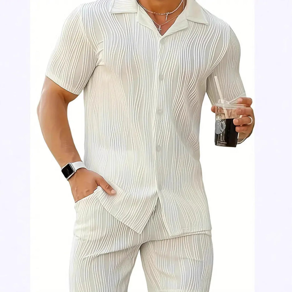 Men's black wave pattern short sleeve shorts suit for summer casual wear