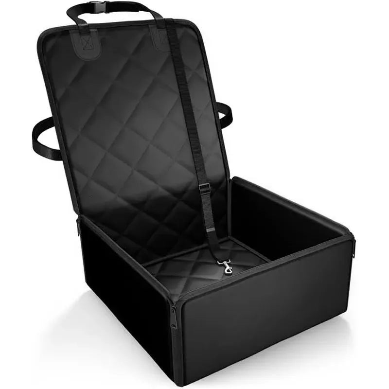 Black non-slip car seat pet pad for big dogs on a car passenger seat.