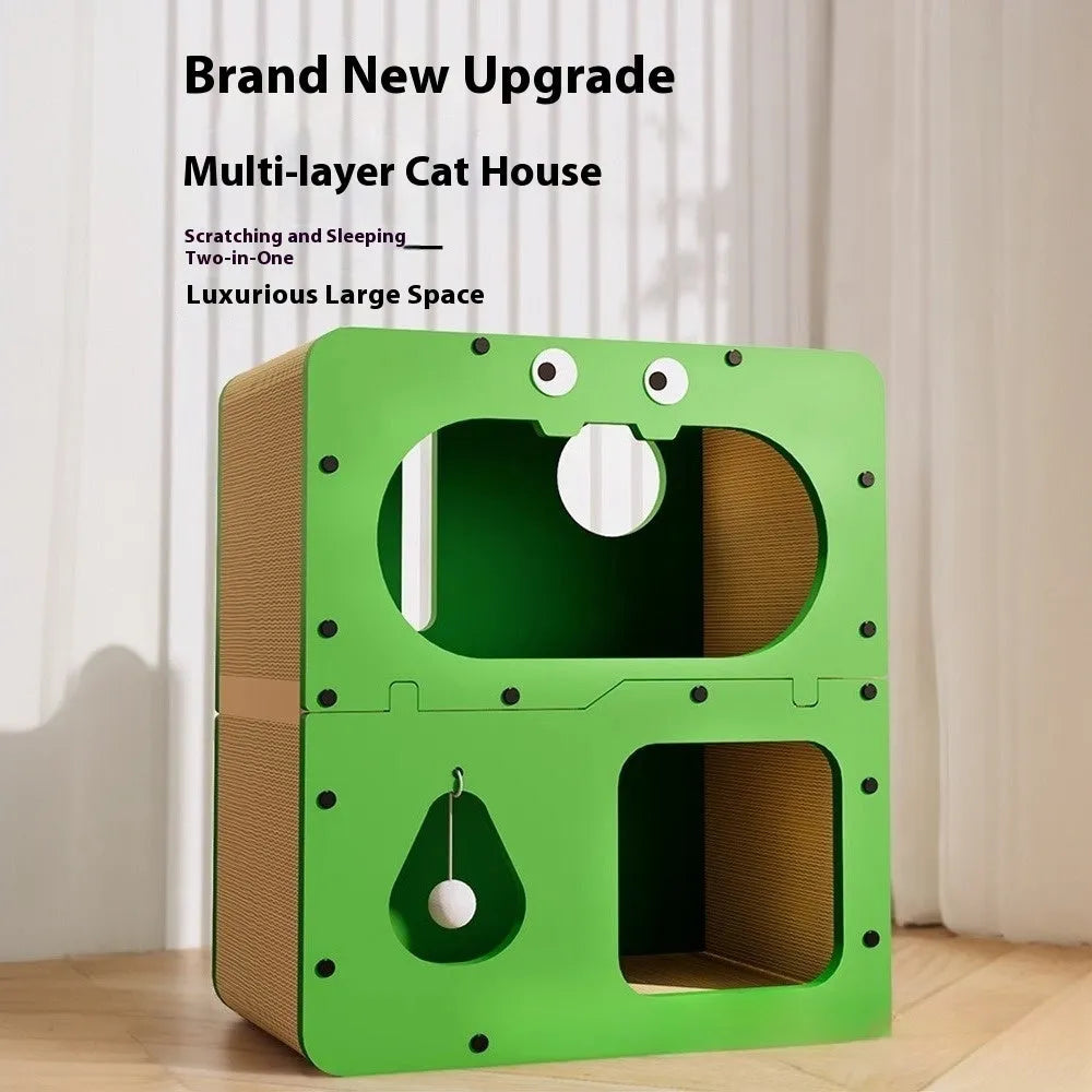Double-layer cat scratching board and enclosed sleeping nest with a double-door entrance.