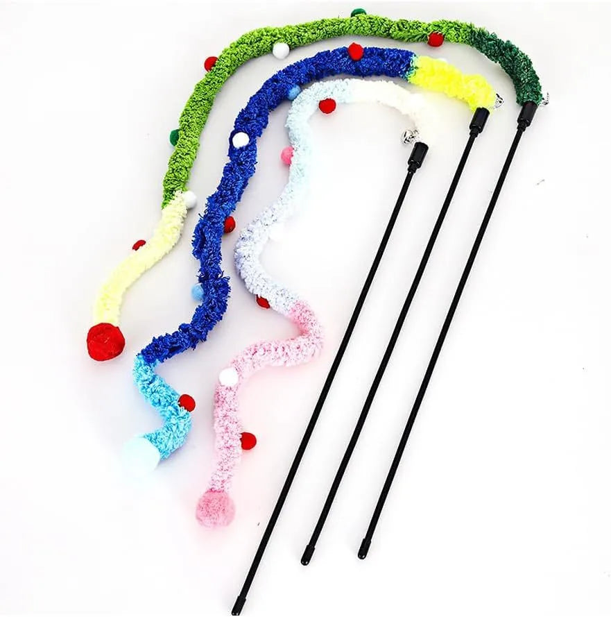 Cat teaser wand with long plush strip and colourful elements for interactive play