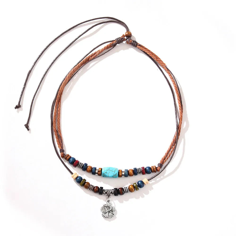 Men's wooden bead necklace with turquoise wax rope and geometric flower alloy pendant