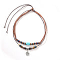 Men's wooden bead necklace with turquoise wax rope and geometric flower alloy pendant