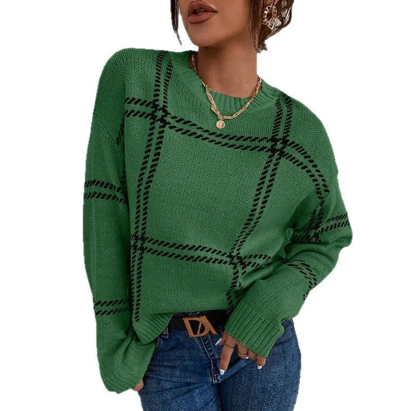 Women's plaid colour-block acrylic sweater with crew neck and loose fit in multiple colour options