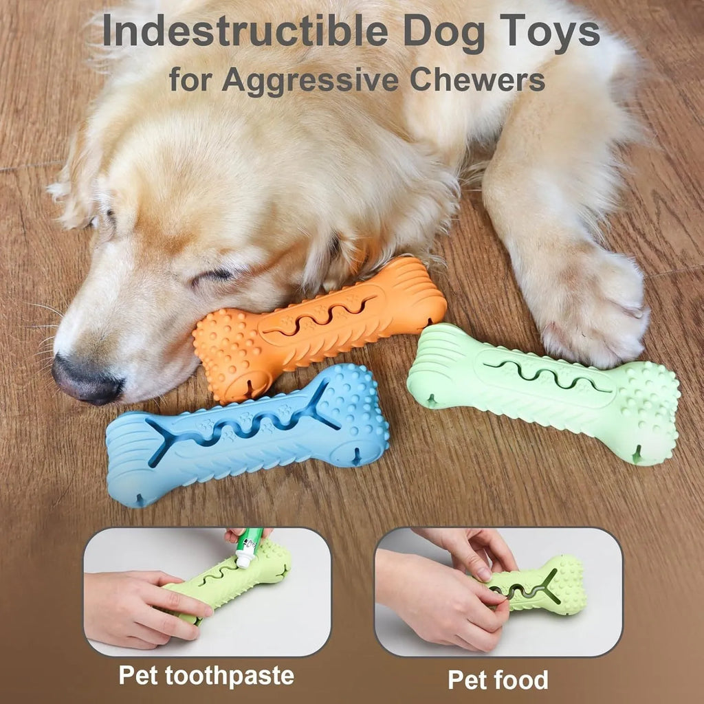 Blue bone-shaped natural rubber dog chew toy with textured surface for teeth cleaning