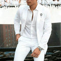 Men's white slim fit two-piece suit for weddings, showing jacket and trousers