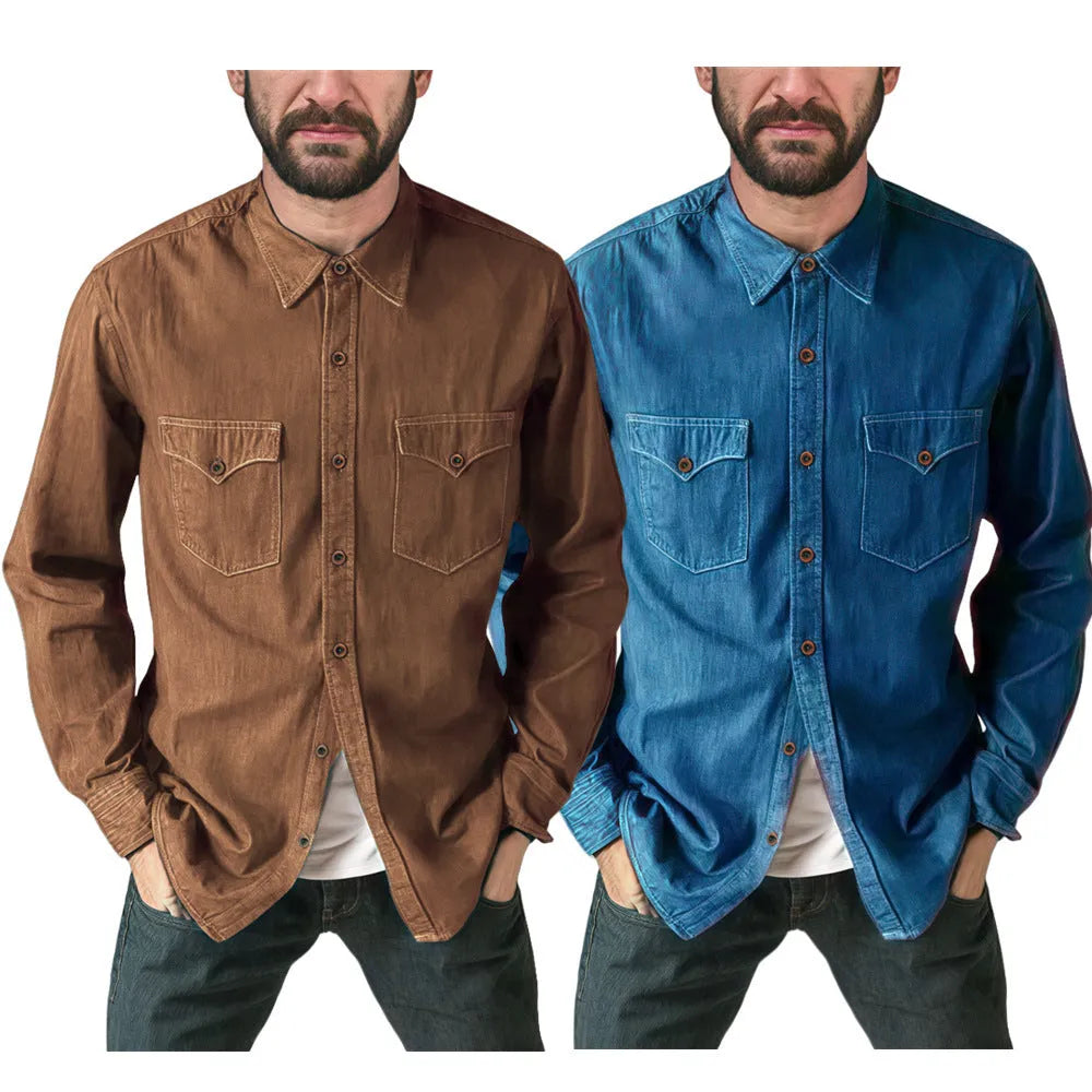 A denim cardigan coat in a regular fit, shown in khaki colour.