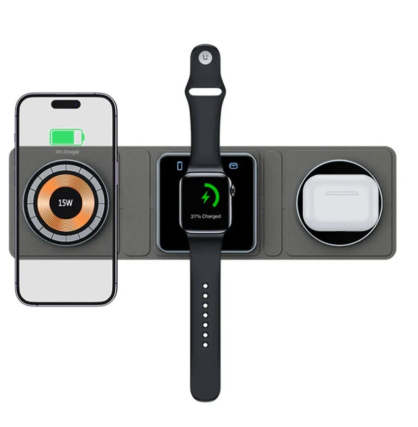 Black transparent Magsafe three-in-one magnetic wireless charging station with TYPE-C interface