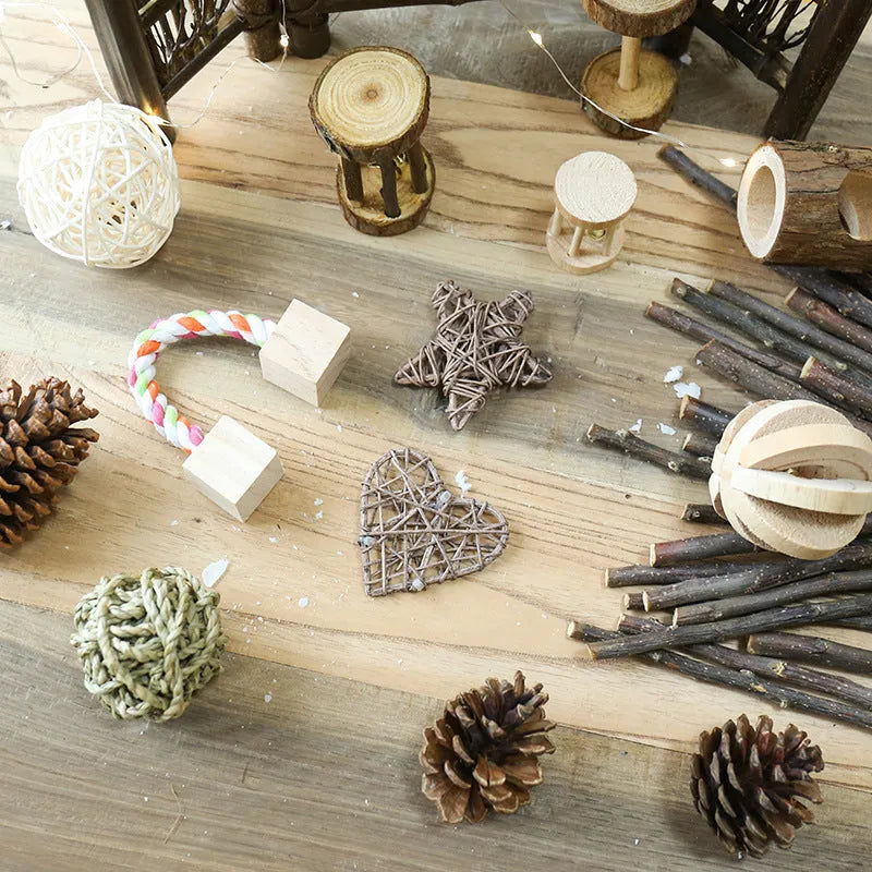 Natural wooden toy set for small pets with natural logs, suitable for hamsters, birds, and rabbits