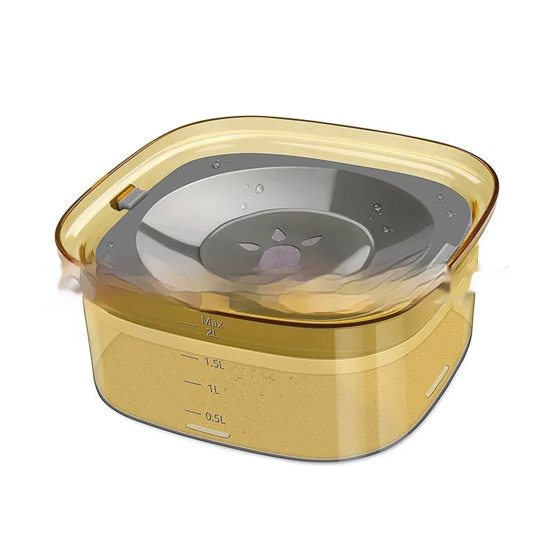 Transparent 70oz dog water bowl with floating disc showing visible water level measurement