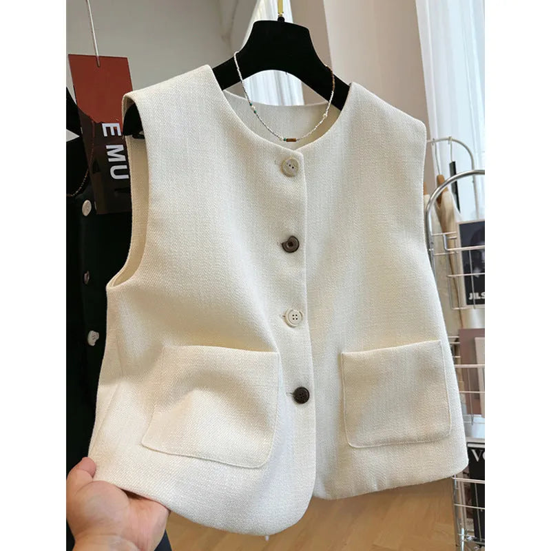 Women's milky white sleeveless bandage vest with round neck, French style design