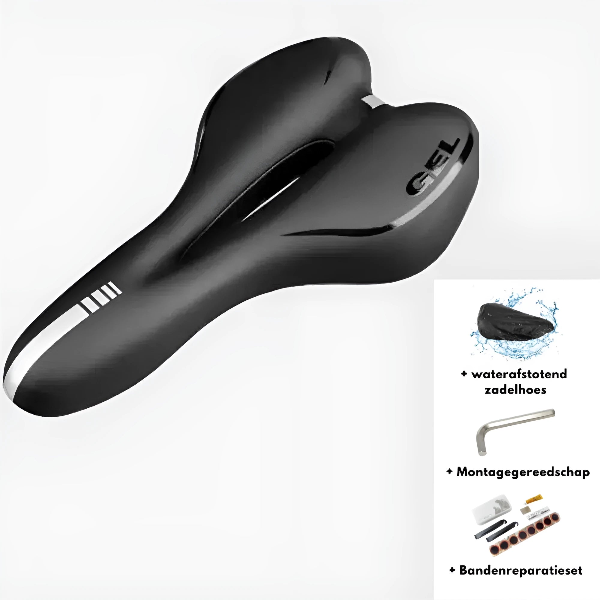 Thickened silicone bicycle saddle cushion with PU leather cover and included waterproof cover, wrench, and tyre patch