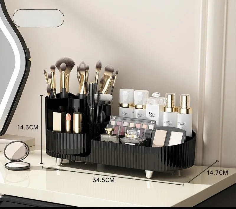 Rotating cosmetics storage box with makeup brushes and lipsticks organised on dressing table