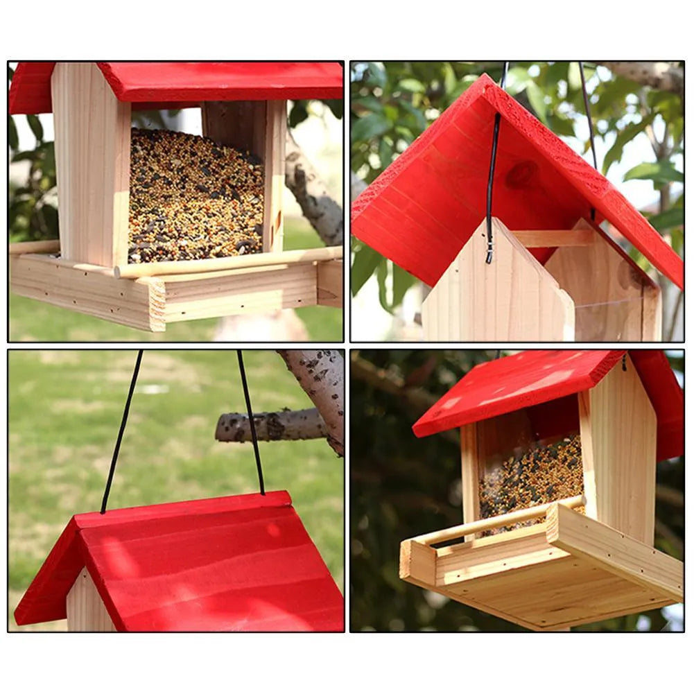 Suspended rain-proof bird feeder with red roof and log texture design