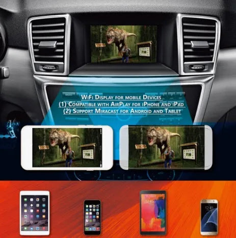 Black Car Mirror Link Box Wi-Fi converter with power cable, AV cable, antenna, and user manual