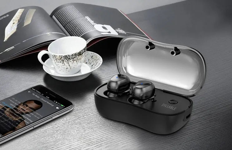 Ultra-lightweight black Bluetooth 5.0 TWS sports earbuds with a compact white charging case on a grey background.