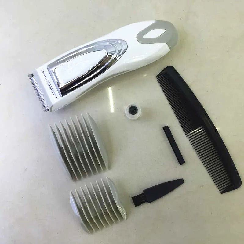 White children's barber scissors set with comb, limit combs, host, oil bottle, and brush
