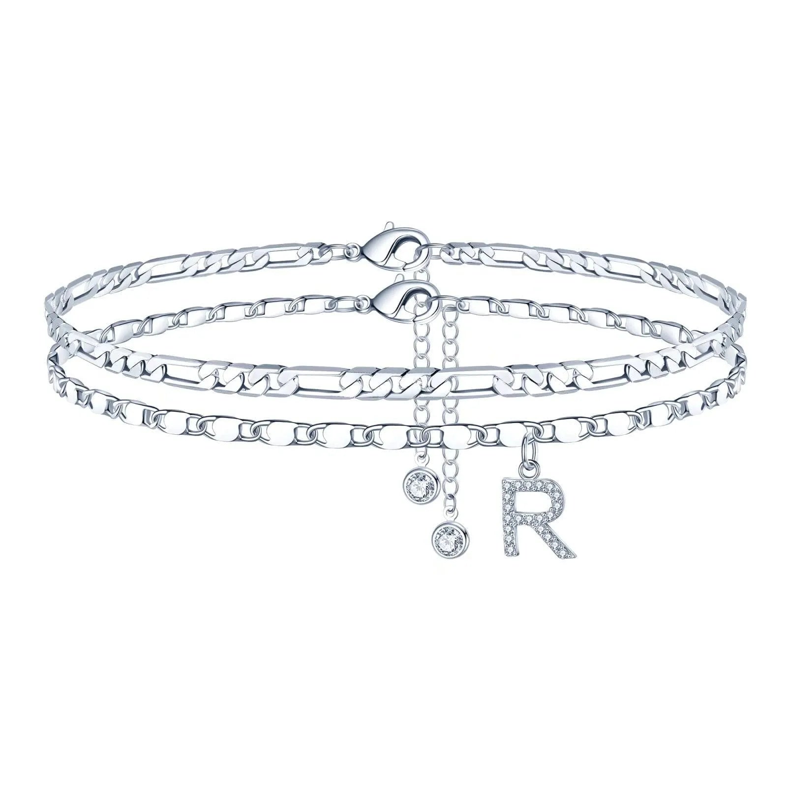 Silver-coloured copper anklet with a double-circle bead engraved with a letter.