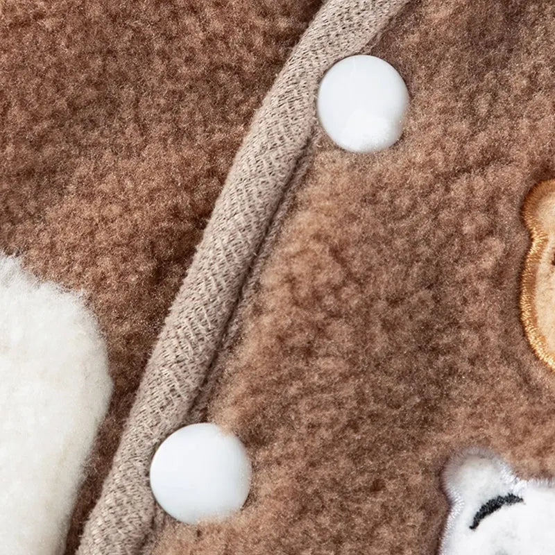 Brown fleece dog jacket with beige white and brown bear embroidery on side, side-button closure, small embroidered pocket, for small breeds