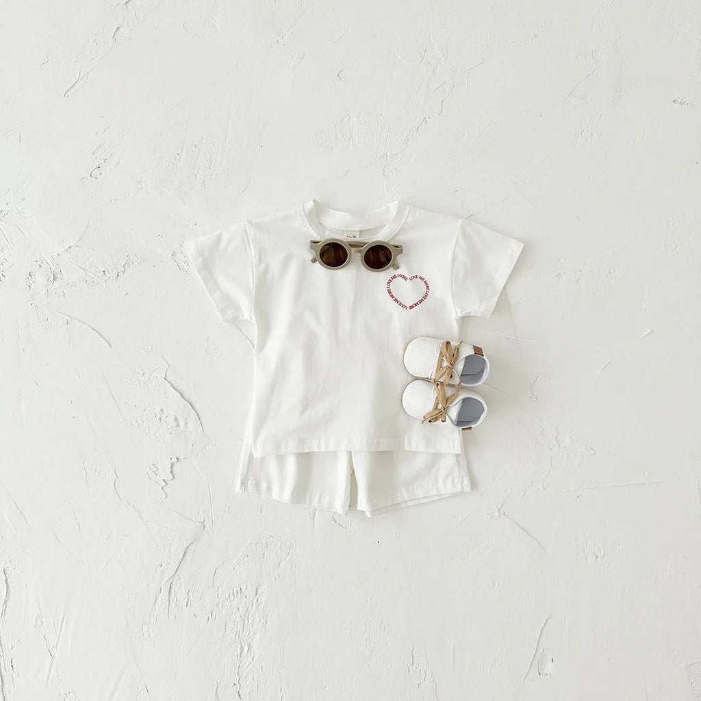 Korean style baby cotton two-piece suit set with heart printing and plaid pattern, shown in grey.