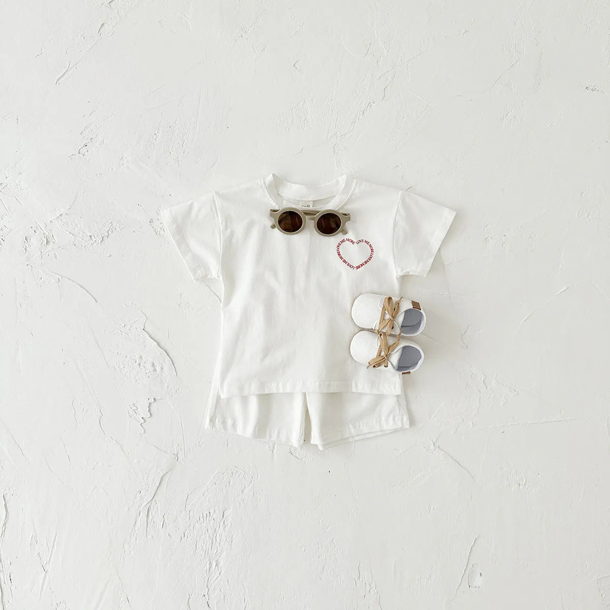 Korean style baby cotton two-piece suit set with heart printing and plaid pattern, shown in grey.