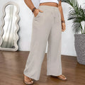 Women's drawstring wide leg polyester trousers in khaki with side pockets and loose fit