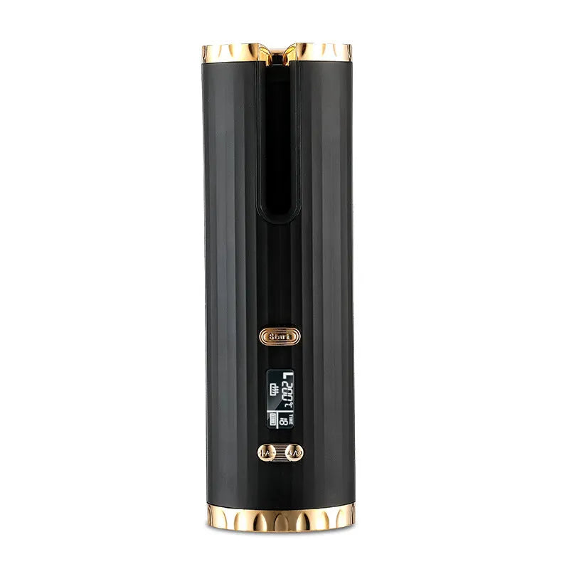 Rechargeable automatic hair curler in black with LCD display and rotating ceramic barrel
