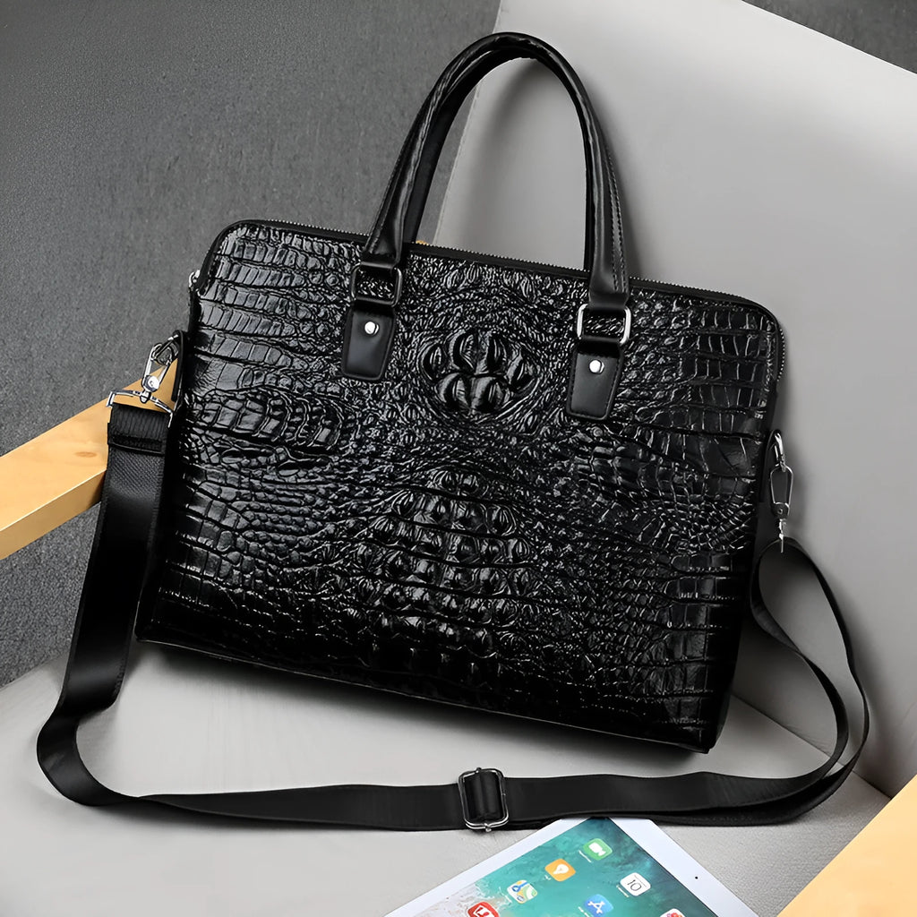 Men's black genuine leather crocodile pattern shoulder briefcase with stitching details