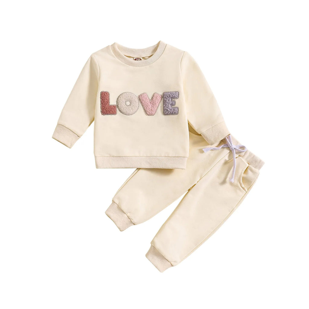 Fashion boys and girls spring autumn cotton suit with cartoon letter patterns in apricot and khaki