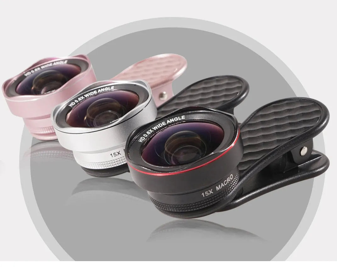 Mobile phone lens kit with 0.6X wide-angle and 15X macro lenses with clip attachment