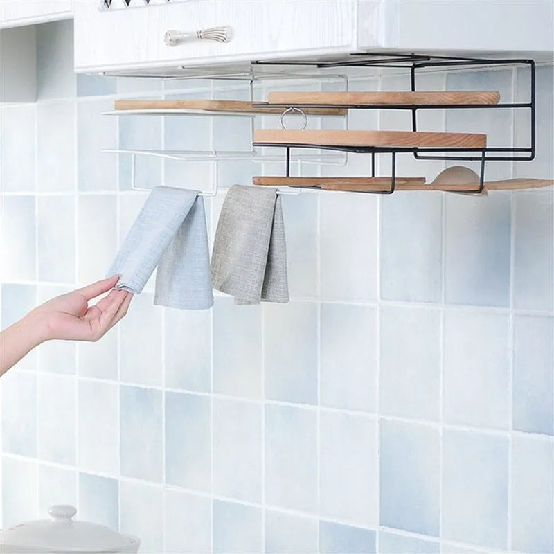 Double layer iron kitchen rack in black or white for hanging towels, chopping boards, and cloths without nails or drilling