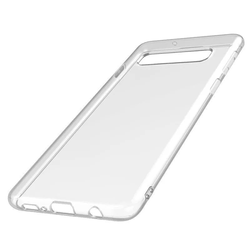 Transparent TPU Samsung S10 phone case showing back cover design with camera and port cutouts
